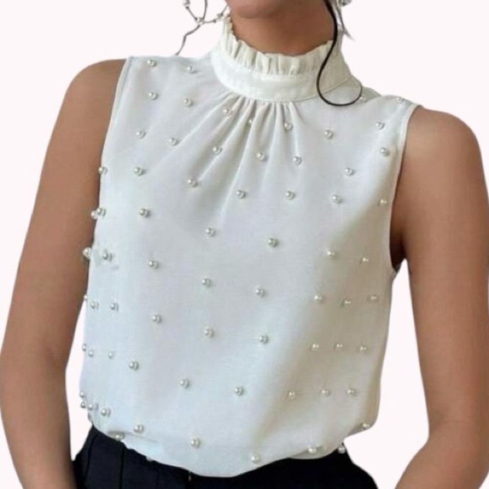 Pearl blouse silky beaded sleeveless shell silk ruffle high neck cream off white